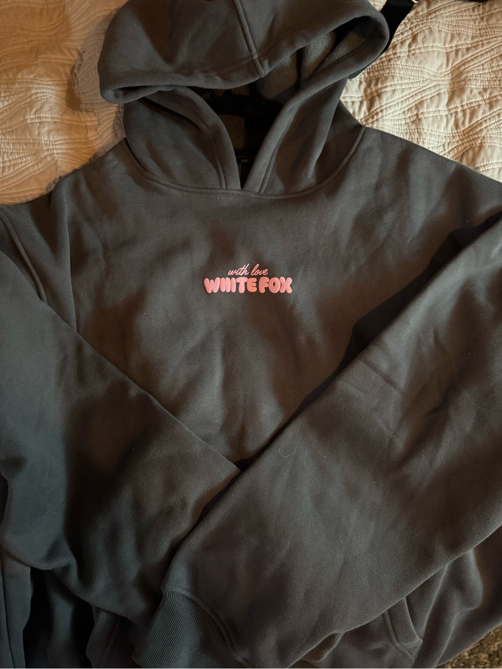 White Fox Boutique Grey Hoodie Sweater with Pink Logo